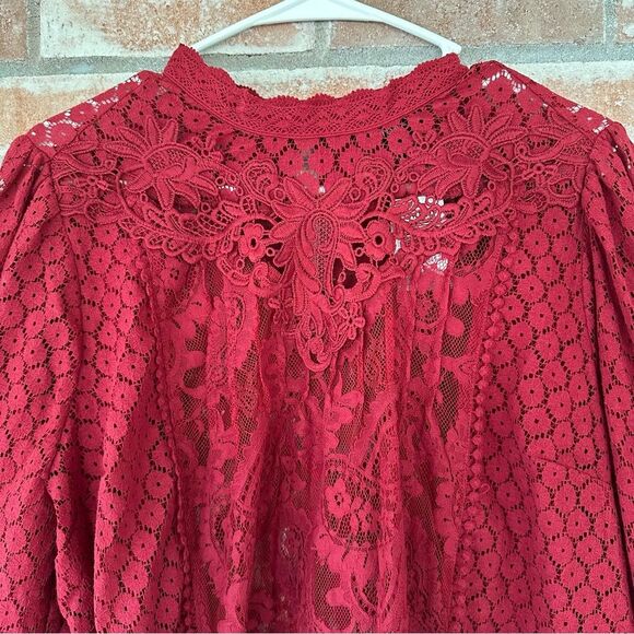 Torrid Mixed Lace High Neck Blouse Women’s 2 2XL Red Long Sleeves NEW - Picture 3 of 12